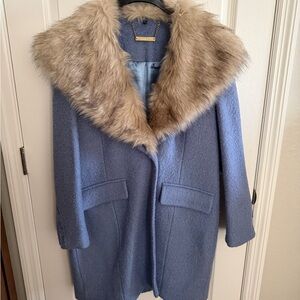 IMAN Vintage Blue Pea Coat with Faux Fur Collar